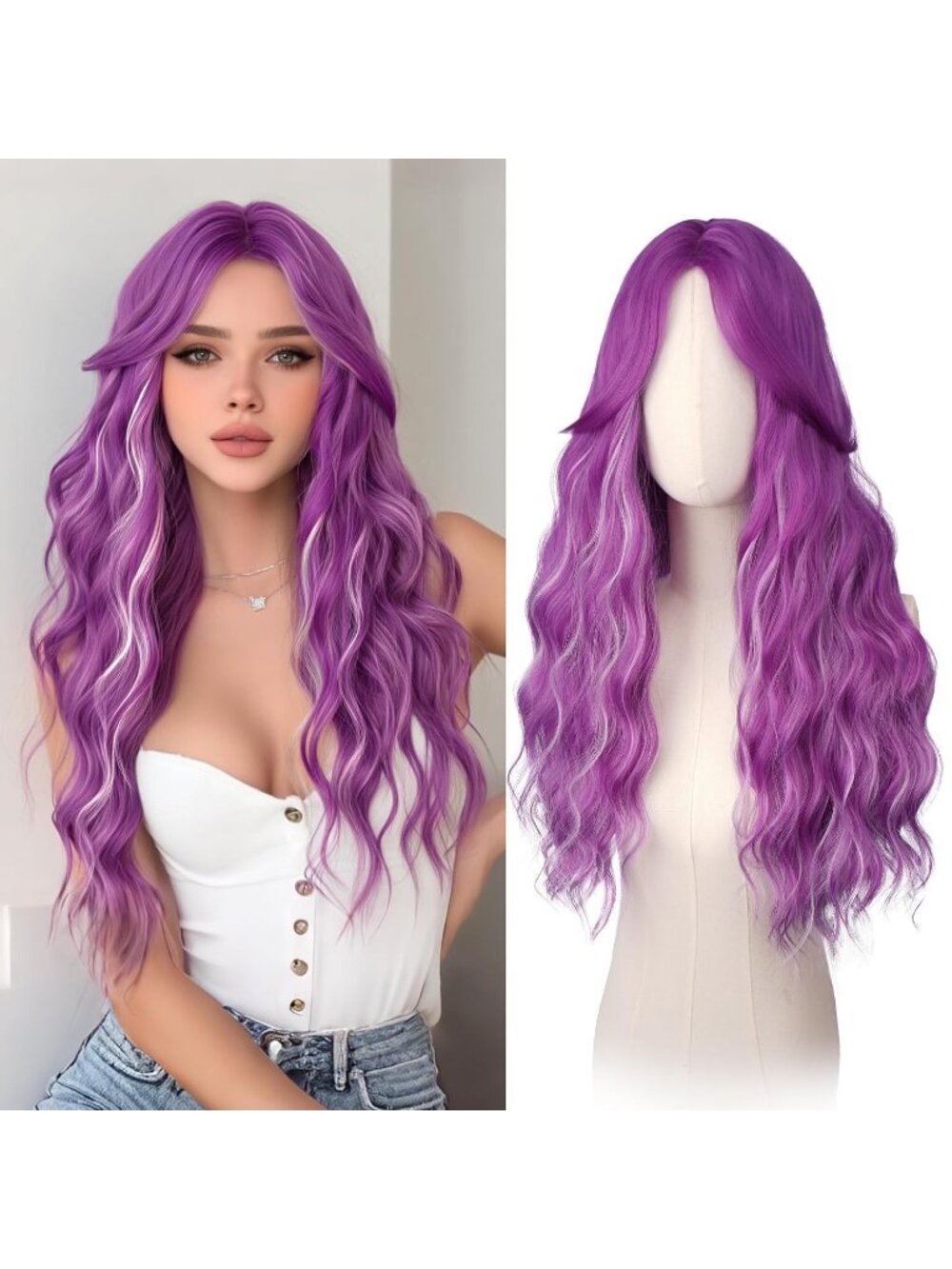 Women's Mixed Purple 26 Inch Heat Resistant Curtain Bangs Long Wavy Wigs